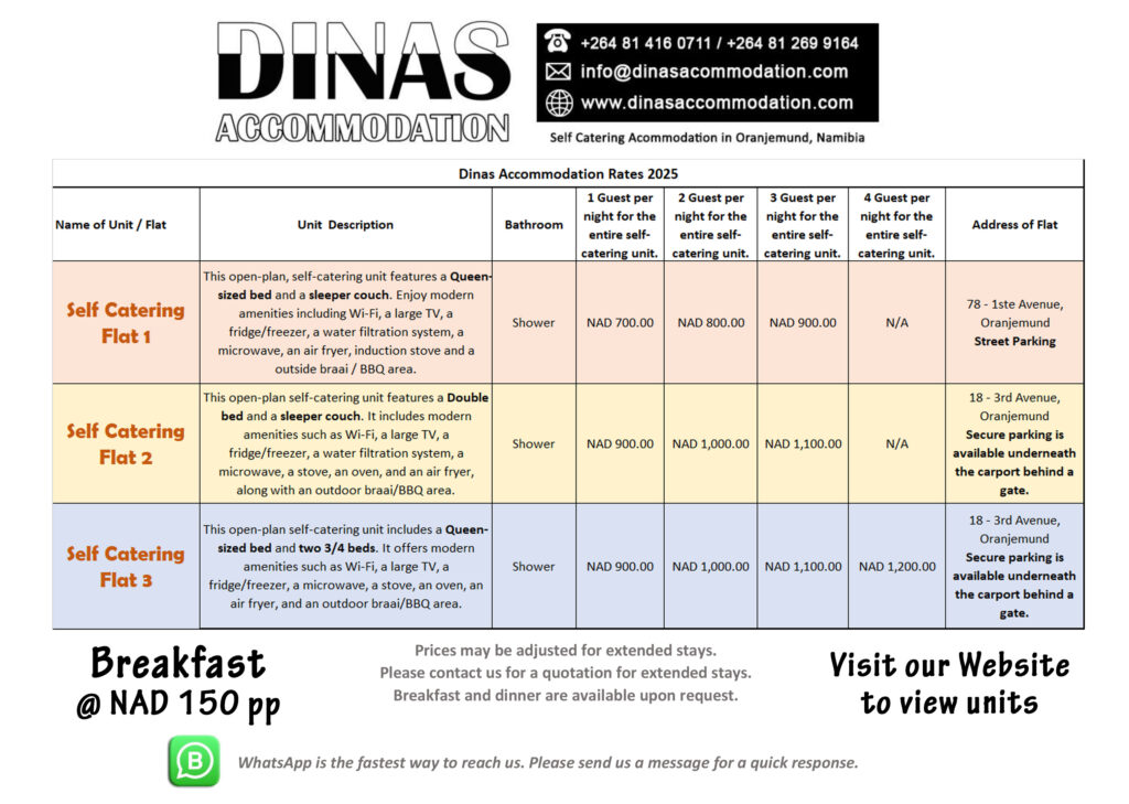 Dinas Accommodation rates for 2025- Accommodation in Oranjemund.