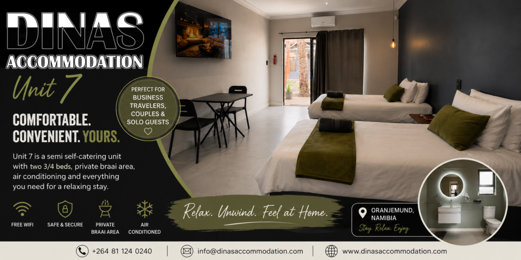 Modern Unit 7 at Dinas Accommodation in Oranjemund featuring 2 three-quarter beds, semi self-catering facilities, air conditioning and a private braai area.