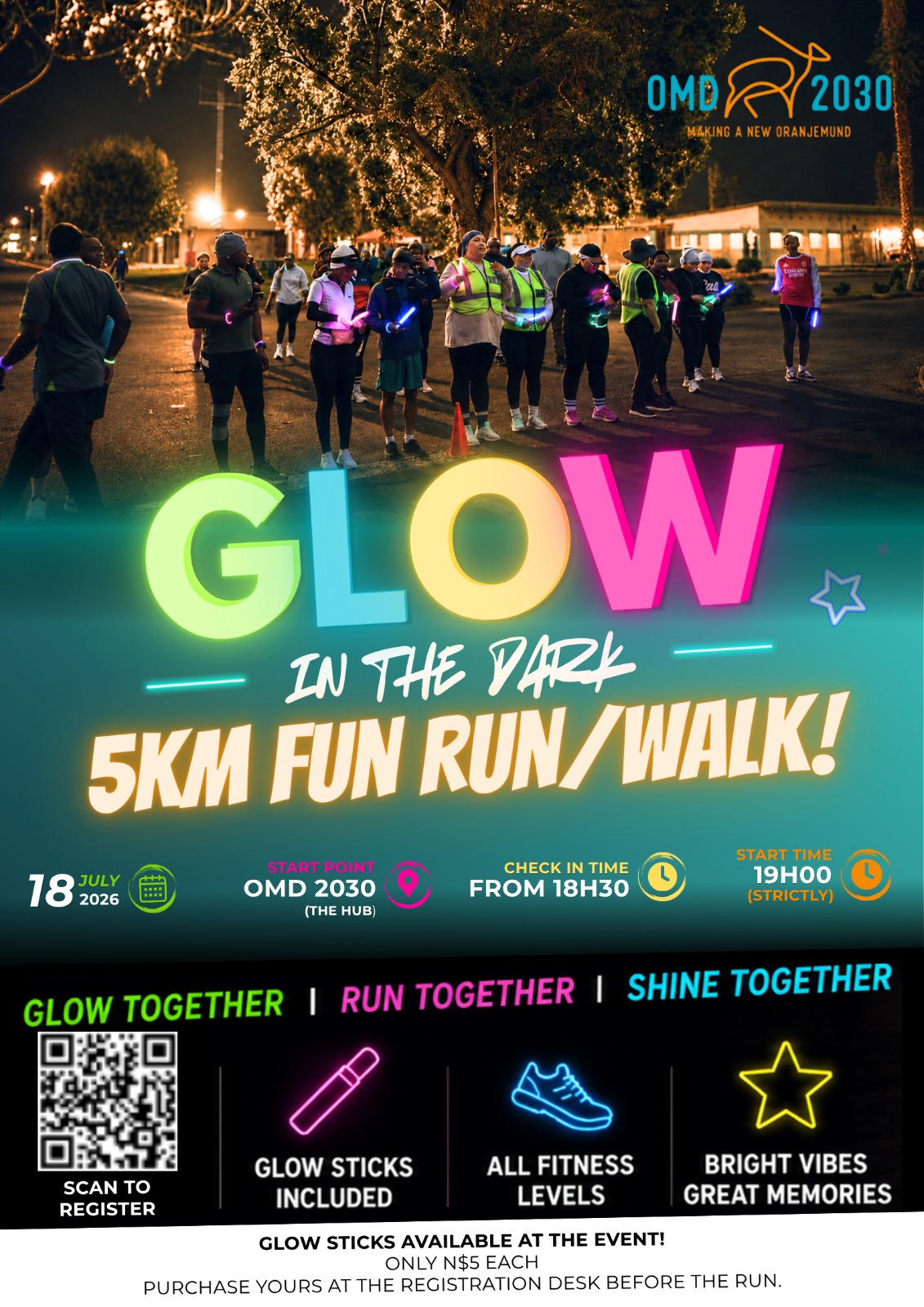 Glow in the dark 5km Fun run / walk event in Oranjemund, Namibia. 18 July 2026.
