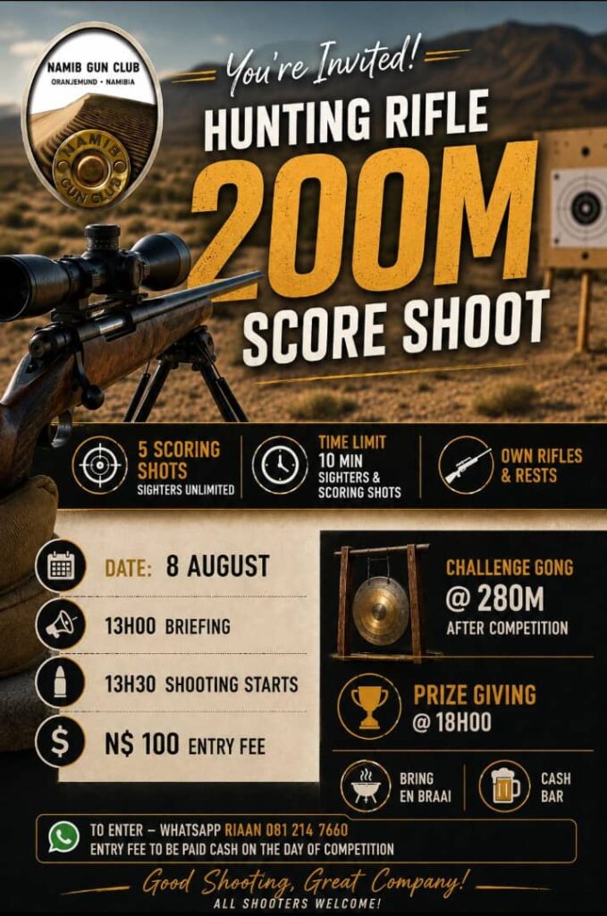 Hunting Rifle 200m score shoot at Namib gun club in Oranjemund, Namibia. 8 August 2026