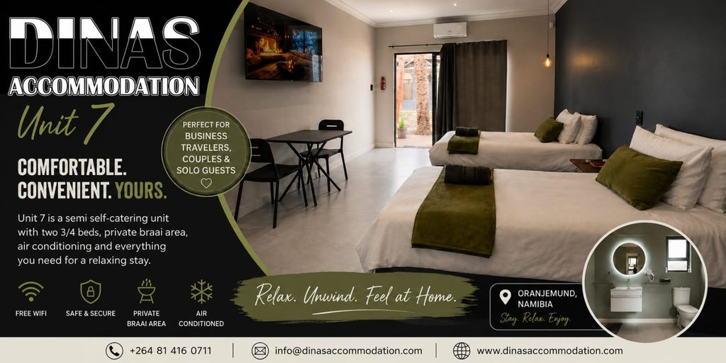 Semi self-catering unit in Oranjemund, Namibia with two 3/4 beds, private braai area, air conditioning and everything you need for a relaxing stay. 